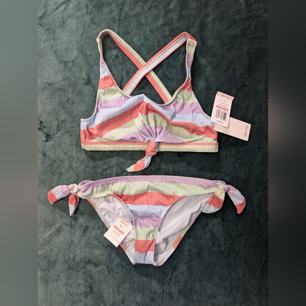 Splendid Two Piece Striped Bikini Set with Knotted Details Girls Swimsuit